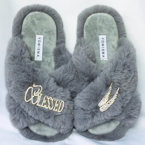 Faux Fur Slippers - Global Recycled Standard Certified with Blessed + Angel Wing Embellishment
