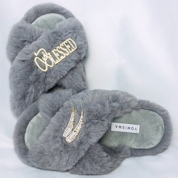 Faux Fur Slippers - Global Recycled Standard Certified with Blessed + Angel Wing Embellishment
