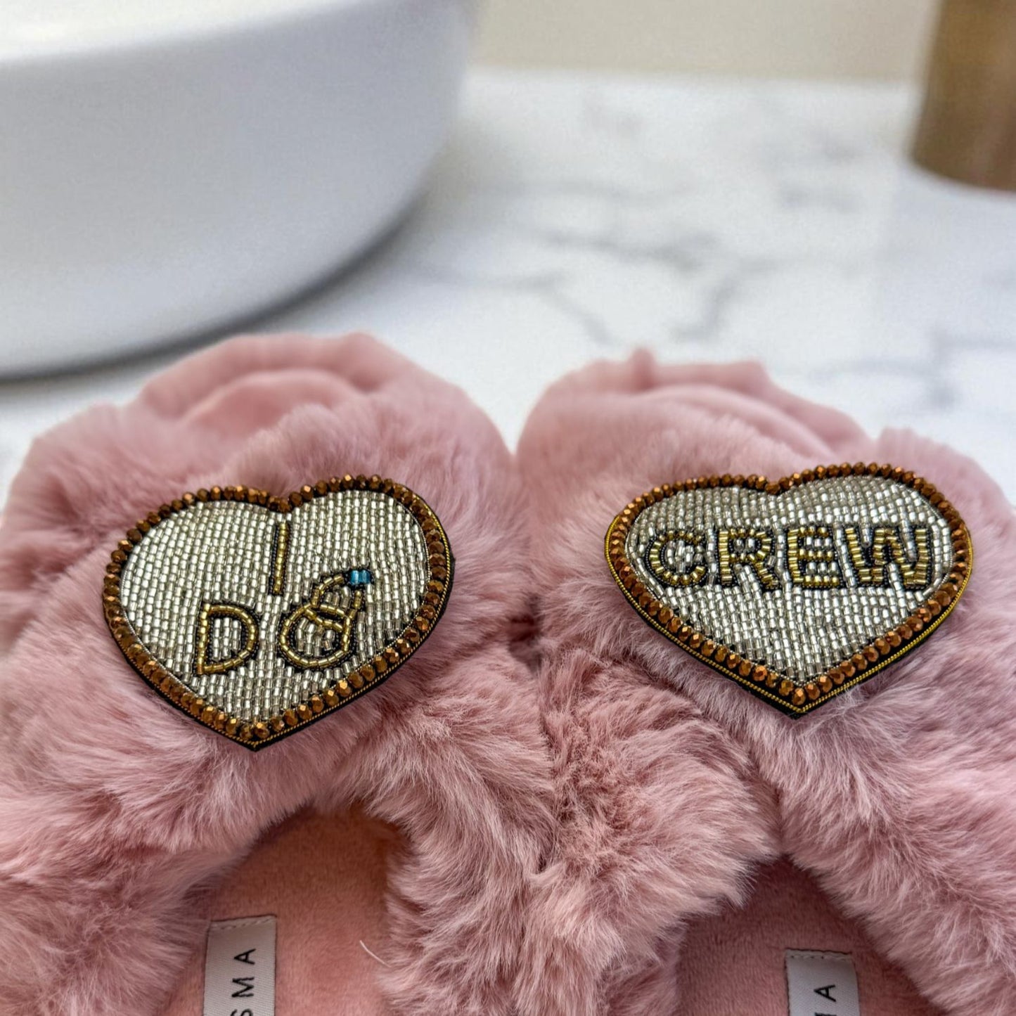Faux Fur Slippers - Global Recycled Standard Certified with Beaded Wedding (I DO CREW) Brooch