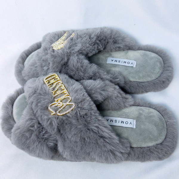 Faux Fur Slippers - Global Recycled Standard Certified with Blessed + Angel Wing Embellishment