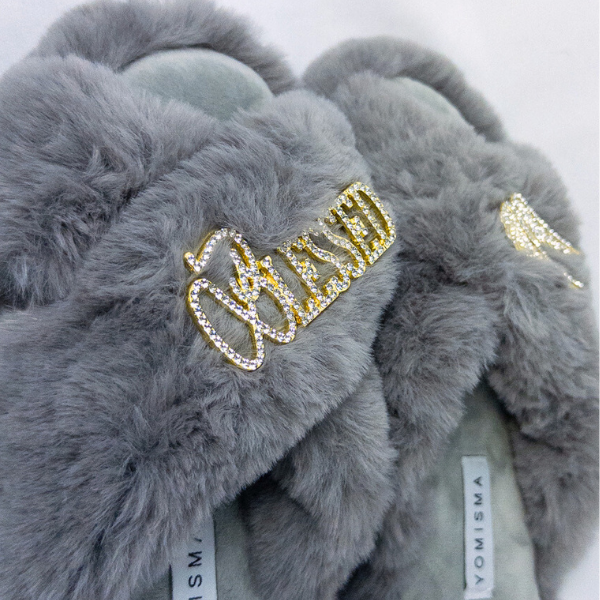 Faux Fur Slippers - Global Recycled Standard Certified with Blessed + Angel Wing Embellishment