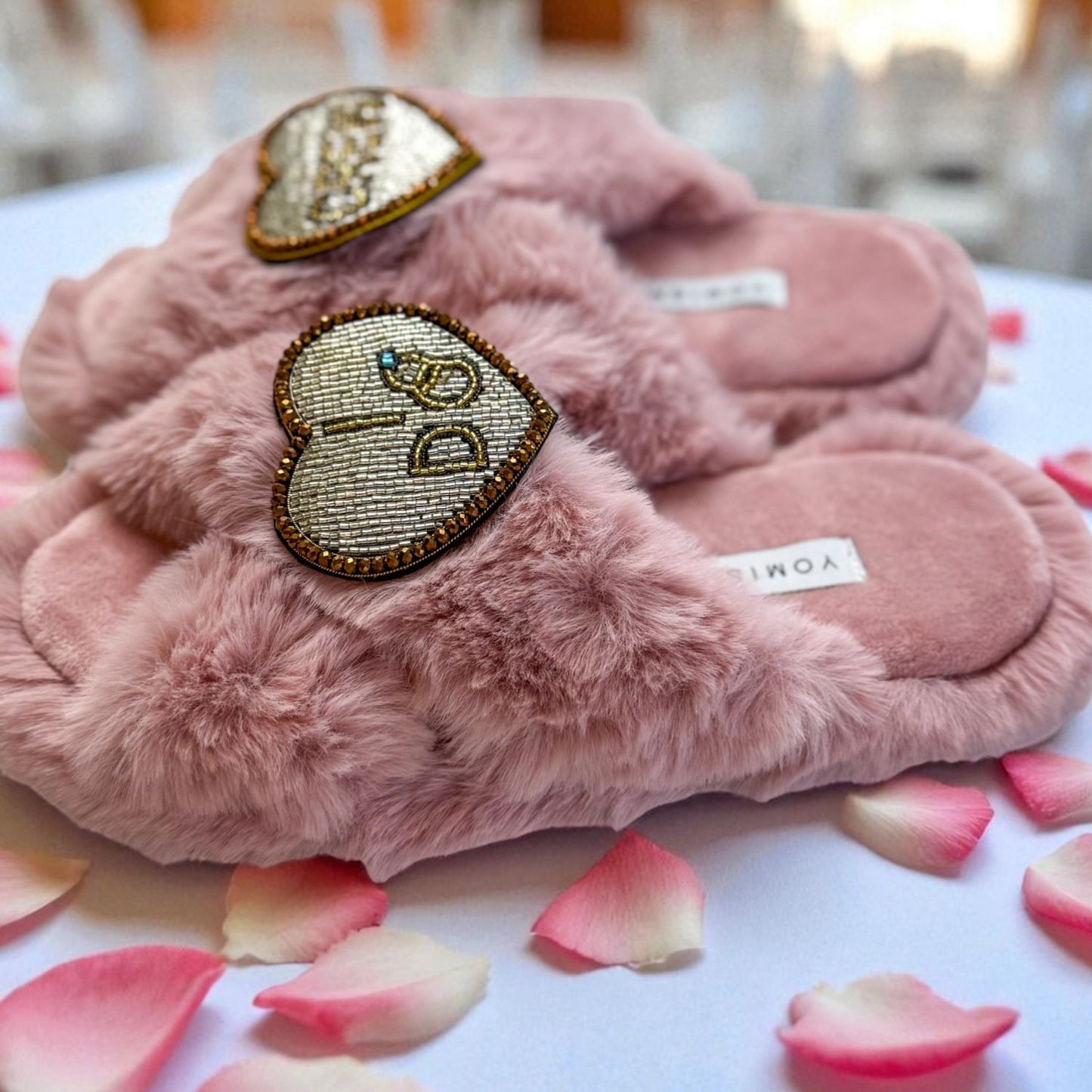 Faux Fur Slippers - Global Recycled Standard Certified with Beaded Wedding (I DO CREW) Brooch