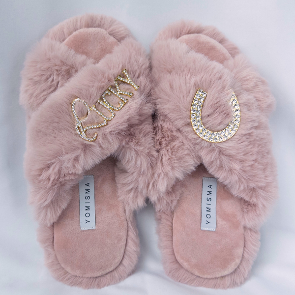 Faux Fur Slippers - Global Recycled Standard Certified with Lucky + Horse Shoe Embellishment