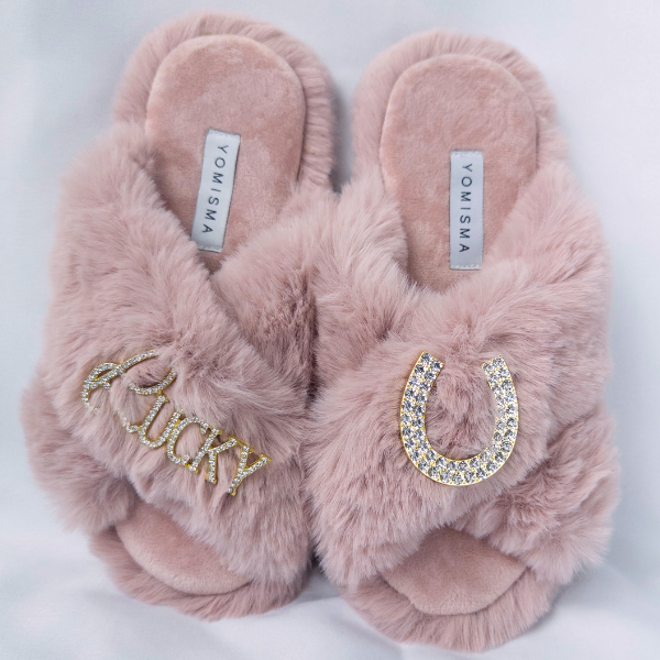 Faux Fur Slippers - Global Recycled Standard Certified with Lucky + Horse Shoe Embellishment