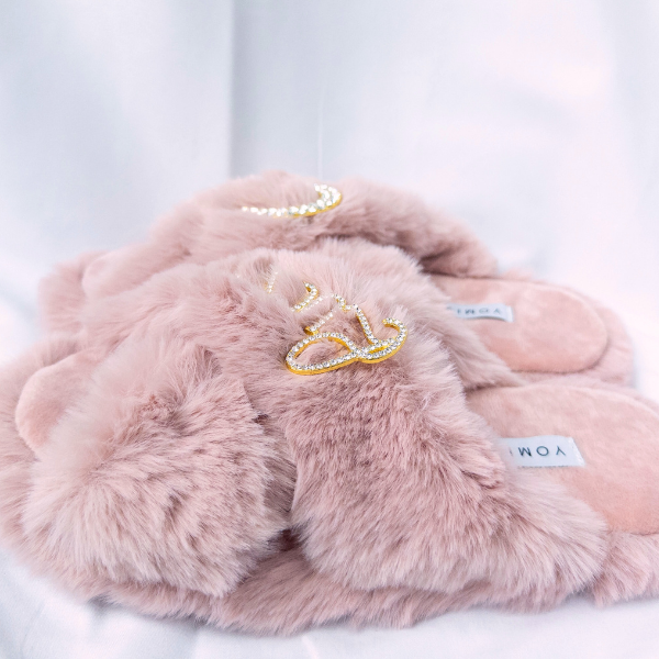 Faux Fur Slippers - Global Recycled Standard Certified with Lucky + Horse Shoe Embellishment