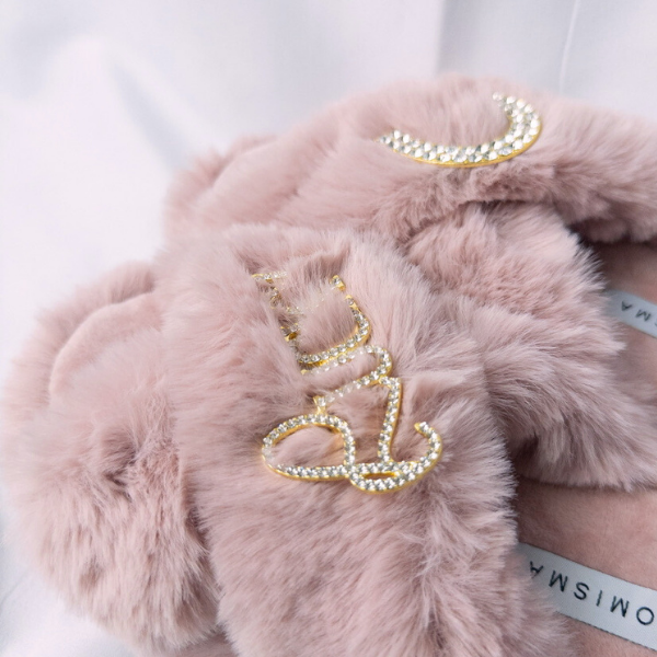 Faux Fur Slippers - Global Recycled Standard Certified with Lucky + Horse Shoe Embellishment