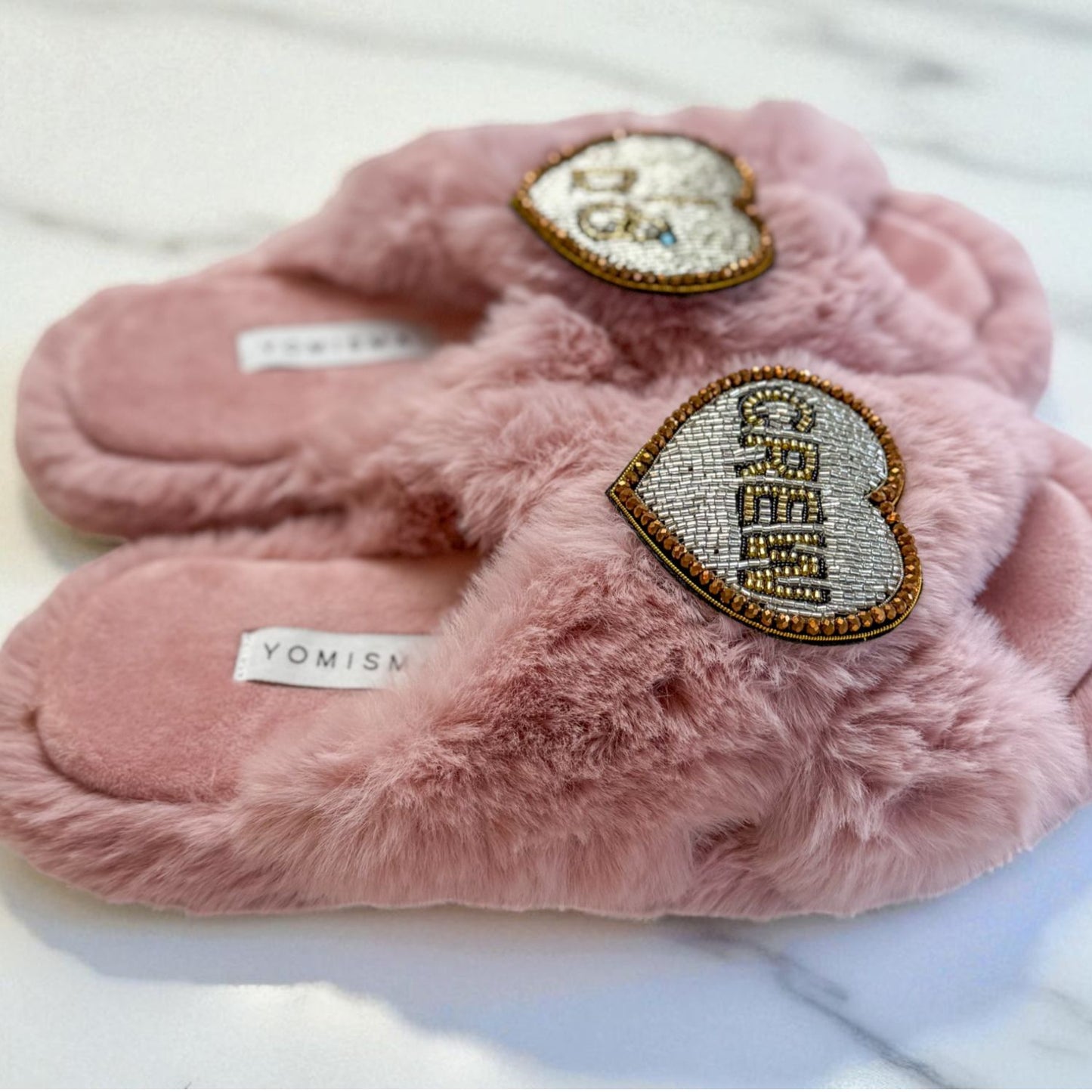 Faux Fur Slippers - Global Recycled Standard Certified with Beaded Wedding (I DO CREW) Brooch