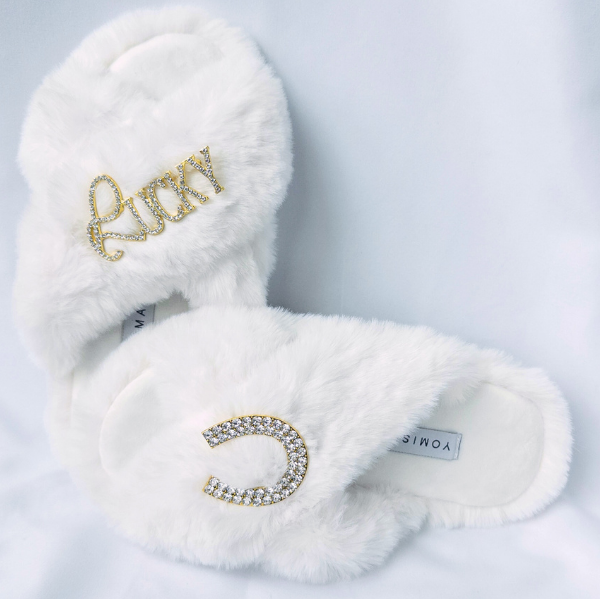 Faux Fur Slippers - Global Recycled Standard Certified with Lucky + Horse Shoe Embellishment