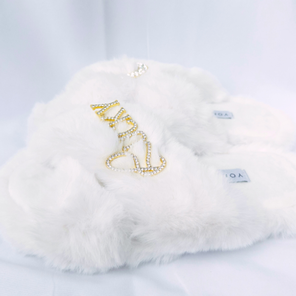 Faux Fur Slippers - Global Recycled Standard Certified with Lucky + Horse Shoe Embellishment