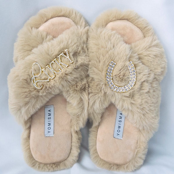 Faux Fur Slippers - Global Recycled Standard Certified with Lucky + Horse Shoe Embellishment