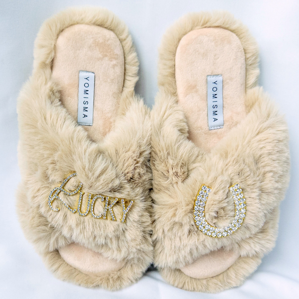Faux Fur Slippers - Global Recycled Standard Certified with Lucky + Horse Shoe Embellishment