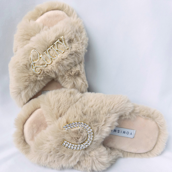 Faux Fur Slippers - Global Recycled Standard Certified with Lucky + Horse Shoe Embellishment