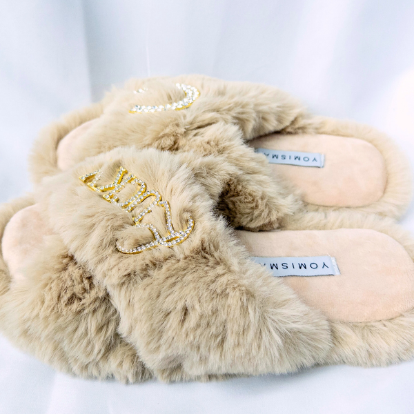 Faux Fur Slippers - Global Recycled Standard Certified with Lucky + Horse Shoe Embellishment