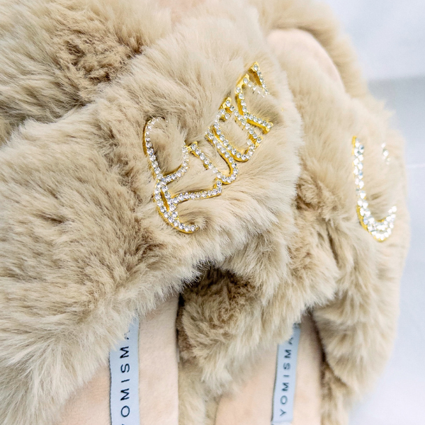 Faux Fur Slippers - Global Recycled Standard Certified with Lucky + Horse Shoe Embellishment
