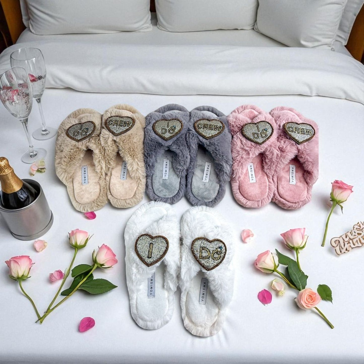 Faux Fur Slippers - Global Recycled Standard Certified with Beaded Wedding (I DO CREW) Brooch
