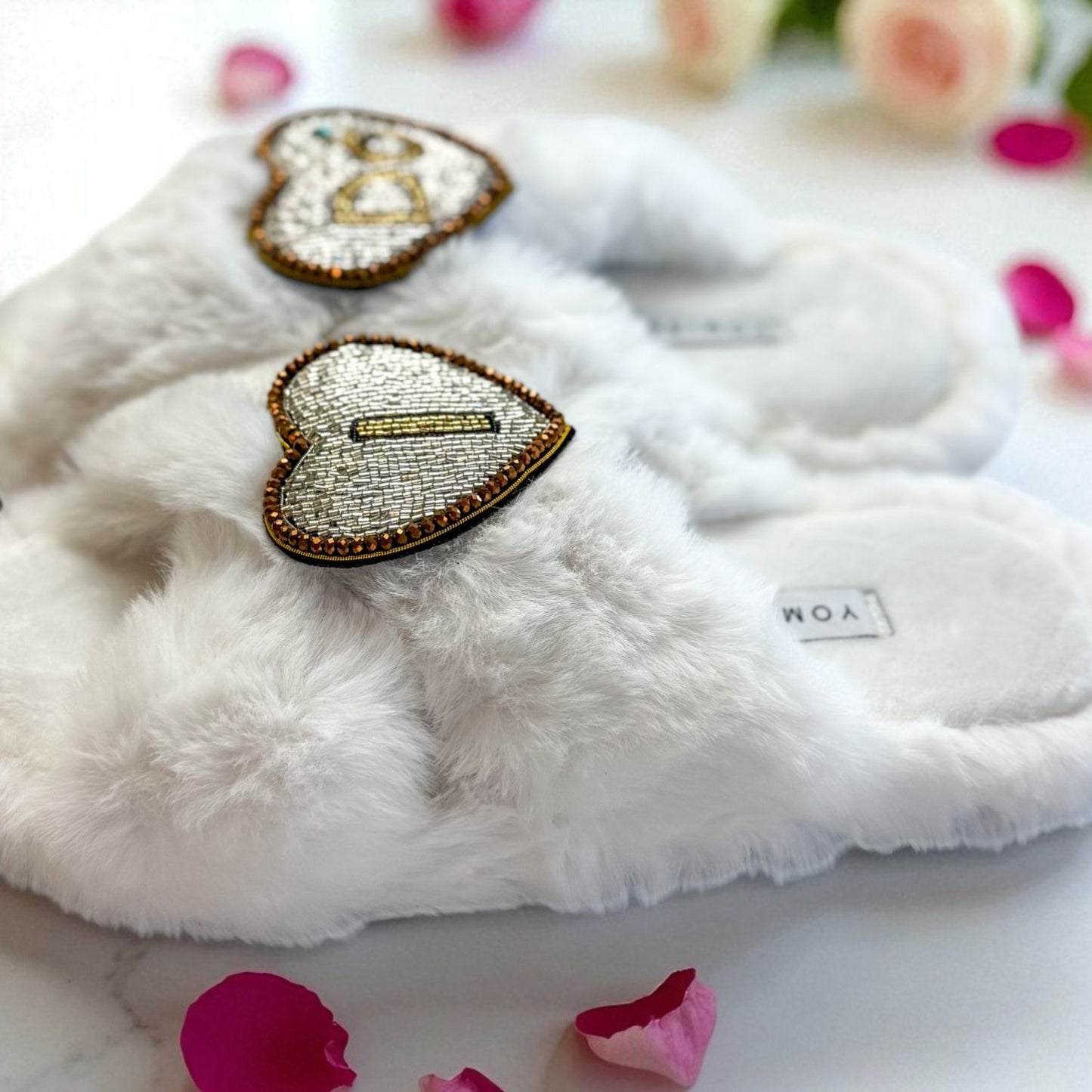 Faux Fur Slippers - Global Recycled Standard Certified with Beaded Wedding (I DO) Brooch