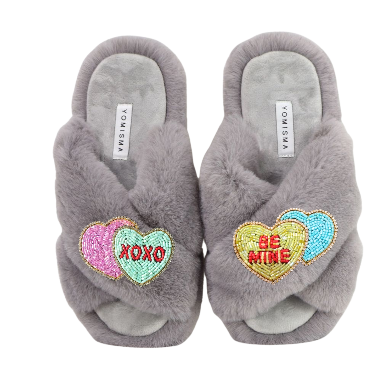 Faux Fur Slippers - Global Recycled Standard Certified with Valentines "Be Mine/XO" Embellishments