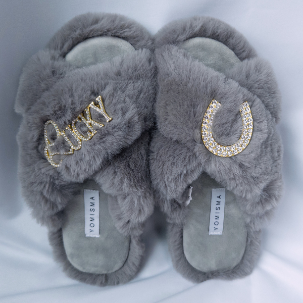 Faux Fur Slippers - Global Recycled Standard Certified with Lucky + Horse Shoe Embellishment