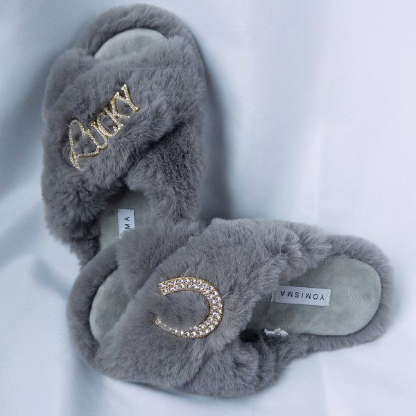 Faux Fur Slippers - Global Recycled Standard Certified with Lucky + Horse Shoe Embellishment
