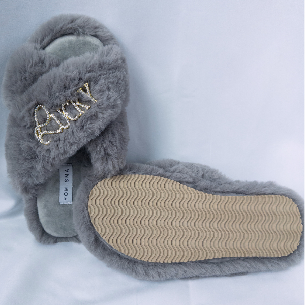 Faux Fur Slippers - Global Recycled Standard Certified with Lucky + Horse Shoe Embellishment