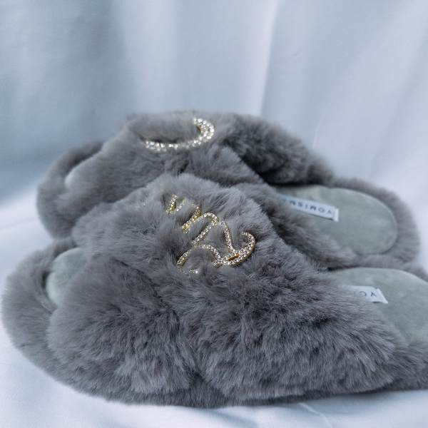 Faux Fur Slippers - Global Recycled Standard Certified with Lucky + Horse Shoe Embellishment