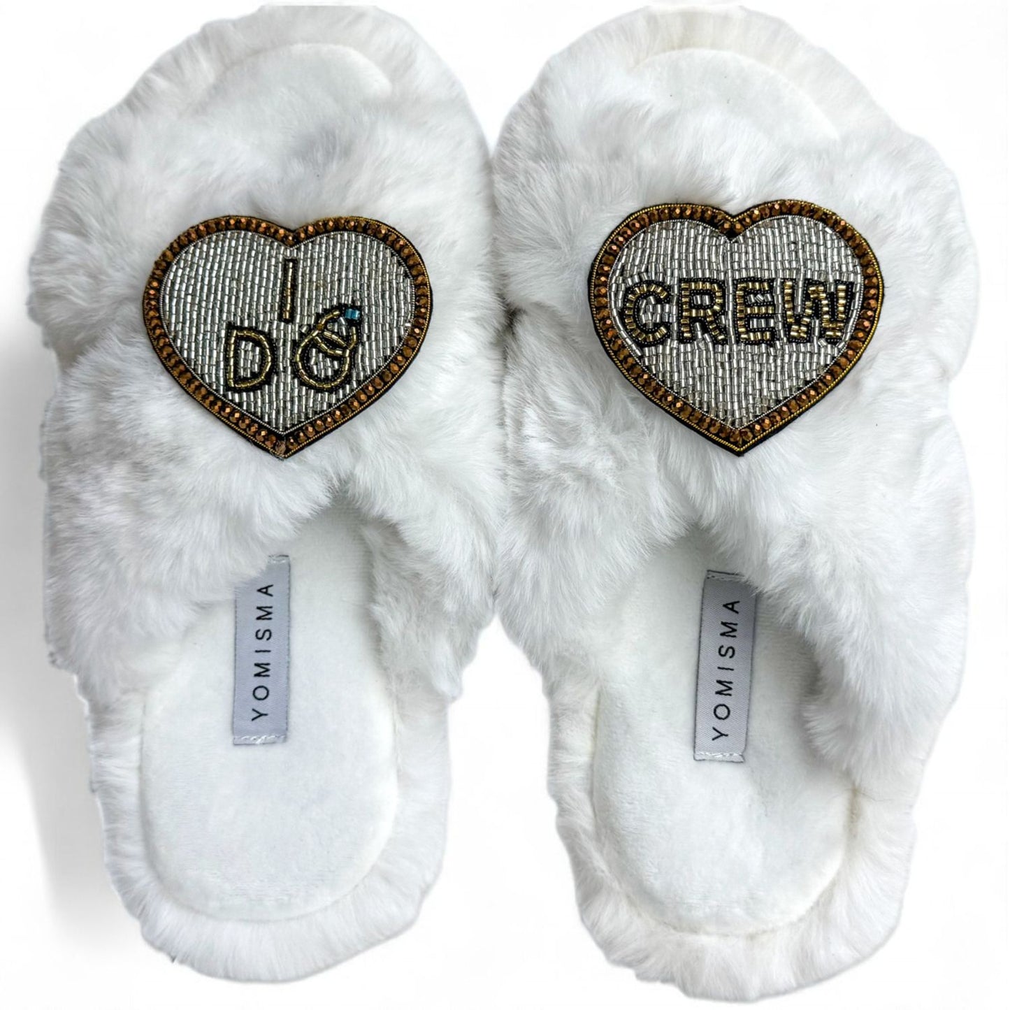 Faux Fur Slippers - Global Recycled Standard Certified with Beaded Wedding (I DO CREW) Brooch