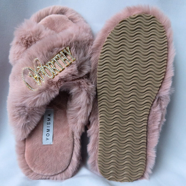 Faux Fur Slippers - Global Recycled Standard Certified with Worthy + Beautiful Embellishment