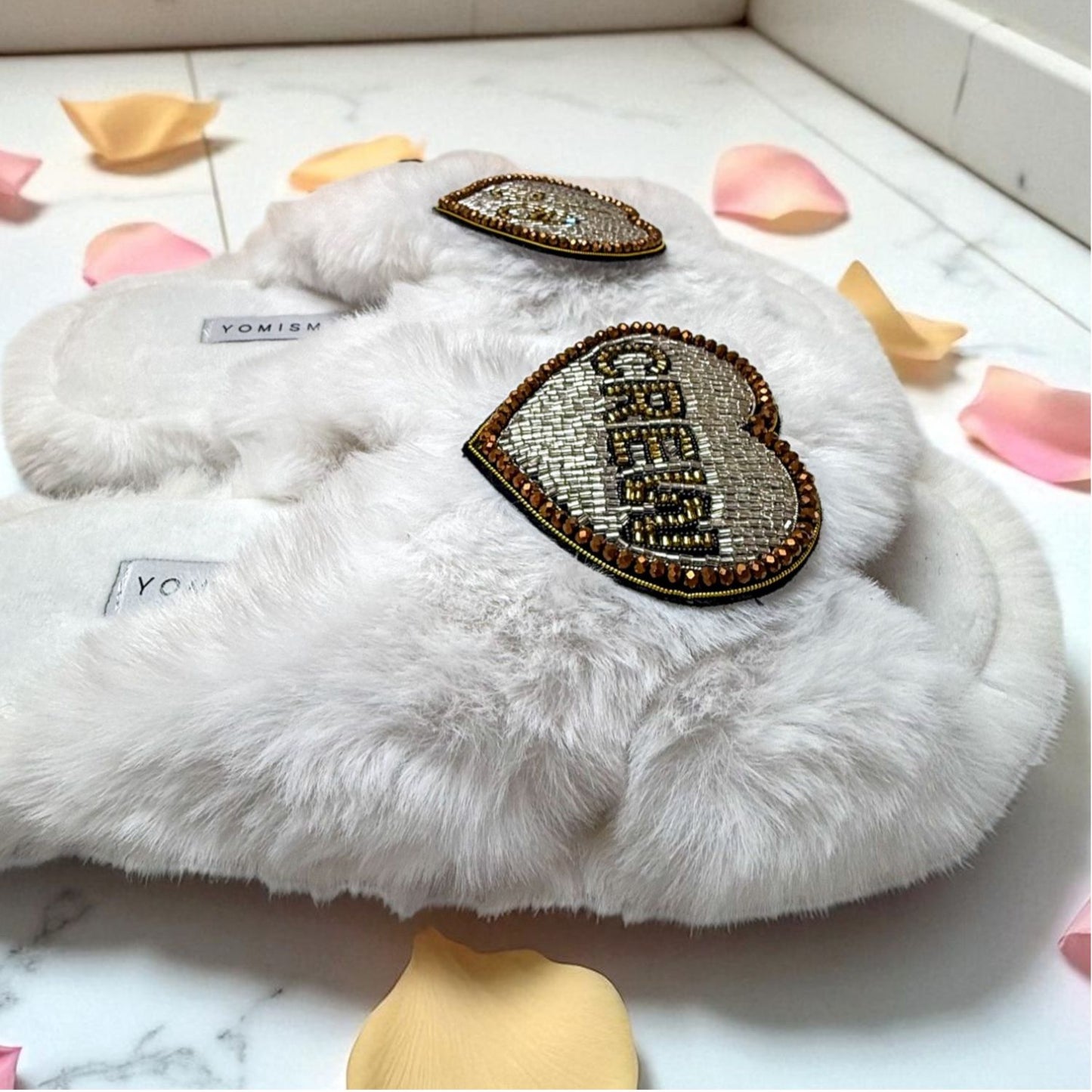Faux Fur Slippers - Global Recycled Standard Certified with Beaded Wedding (I DO CREW) Brooch