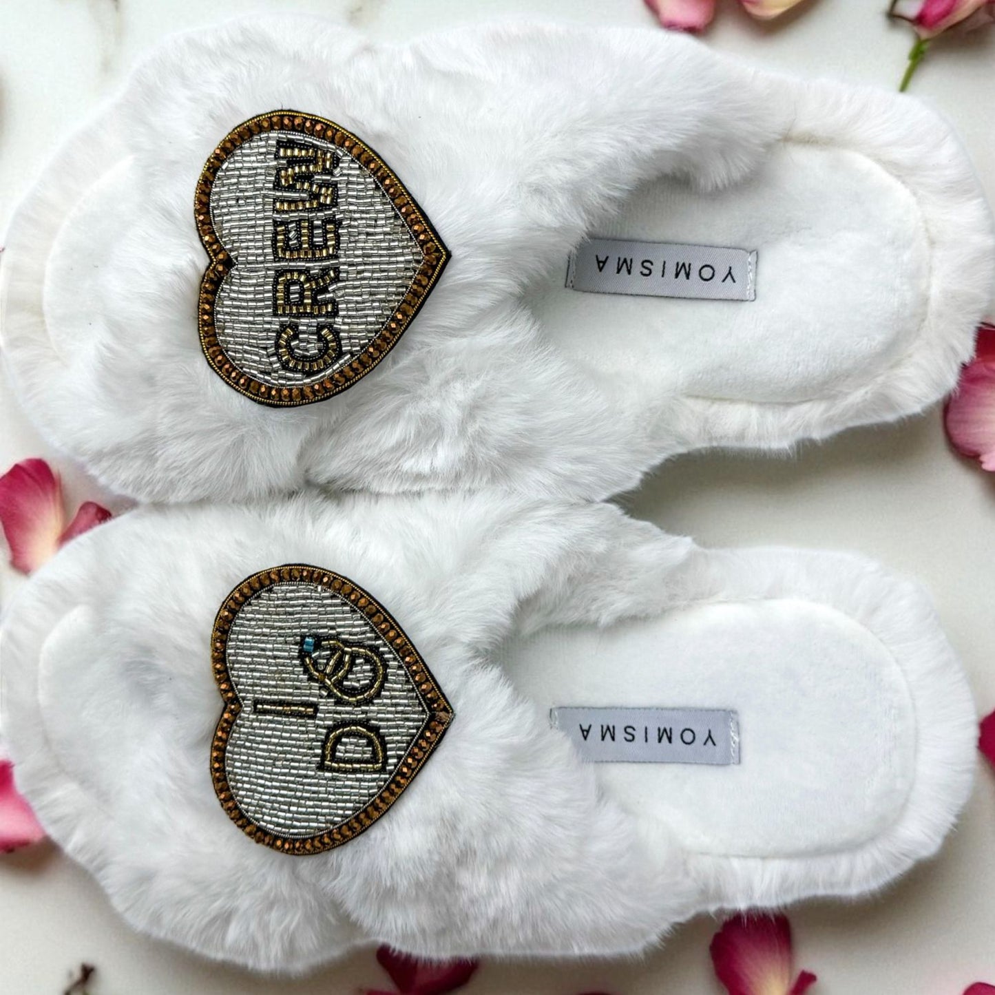 Faux Fur Slippers - Global Recycled Standard Certified with Beaded Wedding (I DO CREW) Brooch