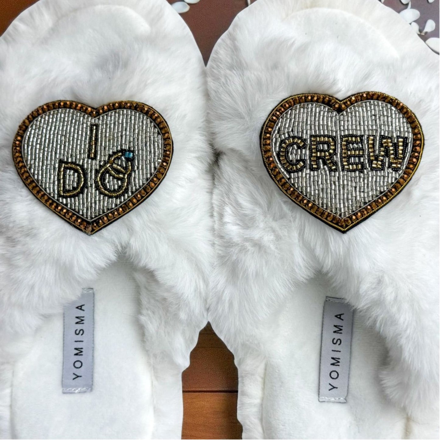 Faux Fur Slippers - Global Recycled Standard Certified with Beaded Wedding (I DO CREW) Brooch