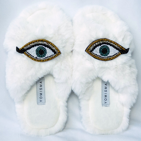 Faux Fur Slippers - Global Recycled Standard Certified with Third Eye Embellishment