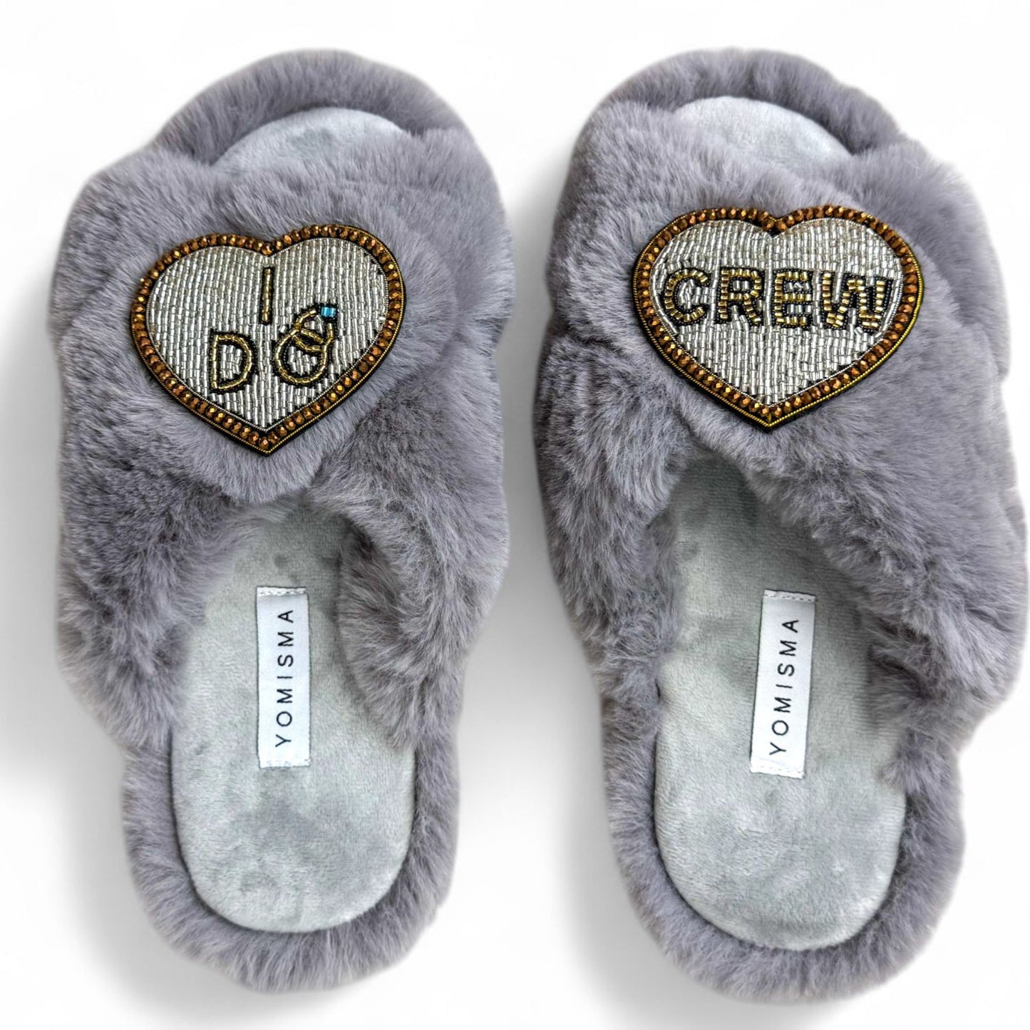 Faux Fur Slippers - Global Recycled Standard Certified with Beaded Wedding (I DO CREW) Brooch