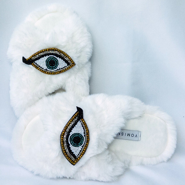 Faux Fur Slippers - Global Recycled Standard Certified with Third Eye Embellishment