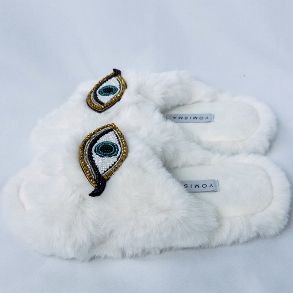 Faux Fur Slippers - Global Recycled Standard Certified with Third Eye Embellishment