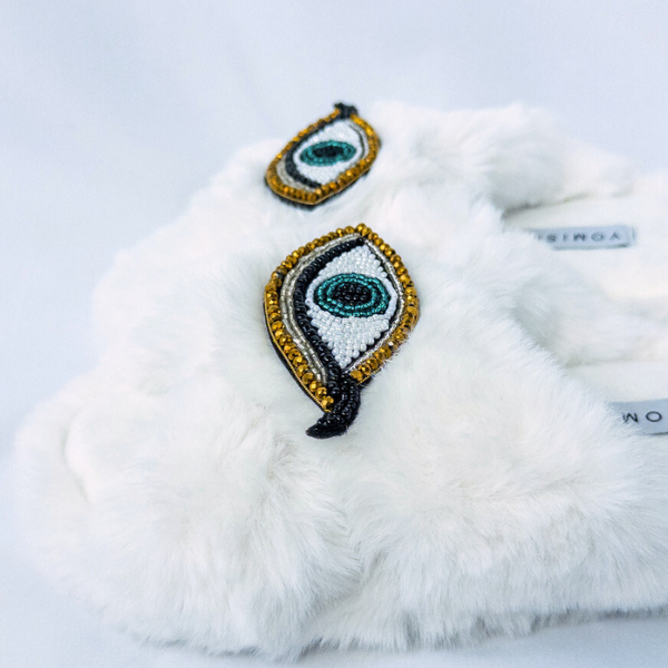 Faux Fur Slippers - Global Recycled Standard Certified with Third Eye Embellishment