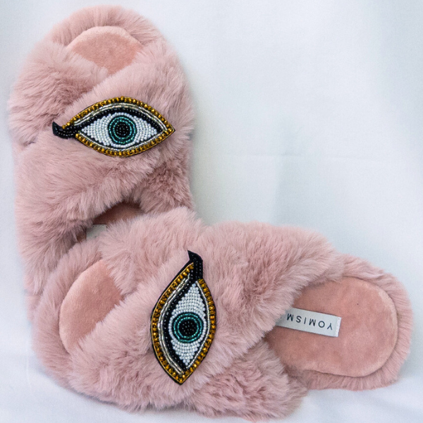 Faux Fur Slippers - Global Recycled Standard Certified with Third Eye Embellishment