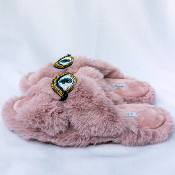 Faux Fur Slippers - Global Recycled Standard Certified with Third Eye Embellishment