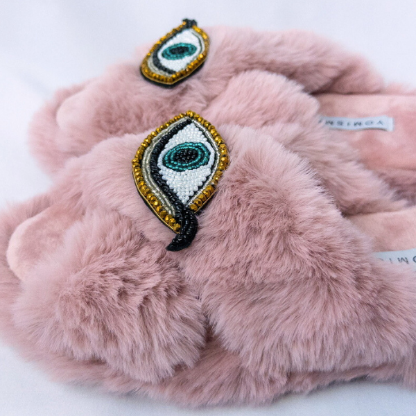 Faux Fur Slippers - Global Recycled Standard Certified with Third Eye Embellishment