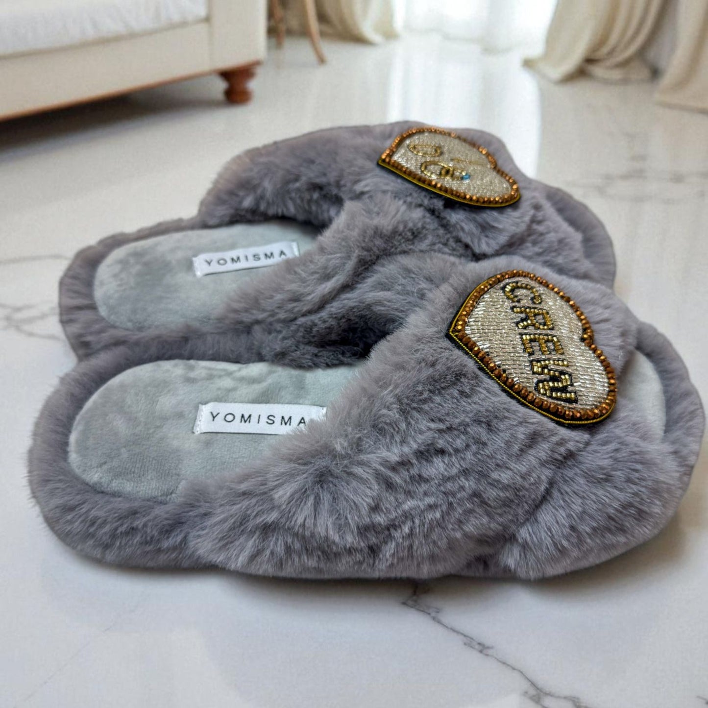 Faux Fur Slippers - Global Recycled Standard Certified with Beaded Wedding (I DO CREW) Brooch