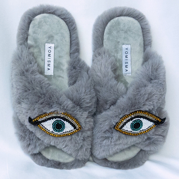 Faux Fur Slippers - Global Recycled Standard Certified with Third Eye Embellishment
