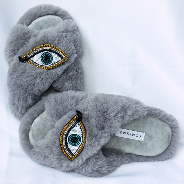 Faux Fur Slippers - Global Recycled Standard Certified with Third Eye Embellishment
