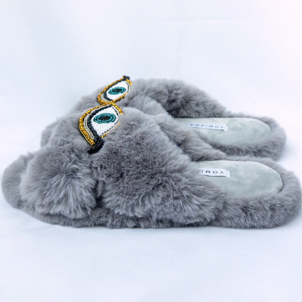 Faux Fur Slippers - Global Recycled Standard Certified with Third Eye Embellishment