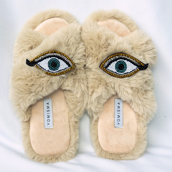 Faux Fur Slippers - Global Recycled Standard Certified with Third Eye Embellishment