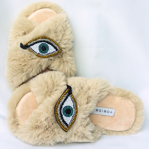Faux Fur Slippers - Global Recycled Standard Certified with Third Eye Embellishment