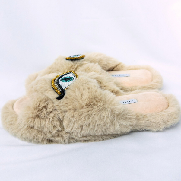 Faux Fur Slippers - Global Recycled Standard Certified with Third Eye Embellishment