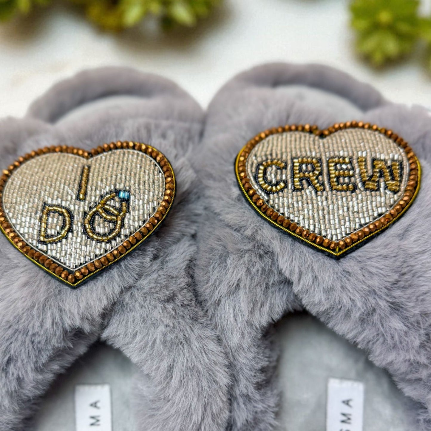 Faux Fur Slippers - Global Recycled Standard Certified with Beaded Wedding (I DO CREW) Brooch