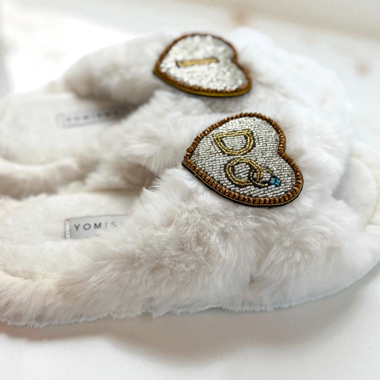 Faux Fur Slippers - Global Recycled Standard Certified with Beaded Wedding (I DO) Brooch