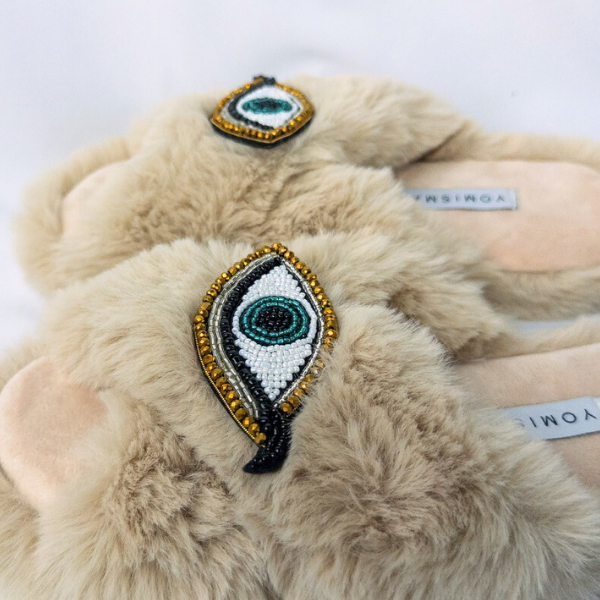 Faux Fur Slippers - Global Recycled Standard Certified with Third Eye Embellishment