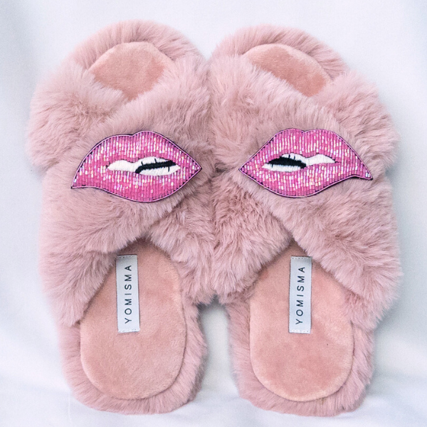 Faux Fur Slippers - Global Recycled Standard Certified with Lips Embellishment