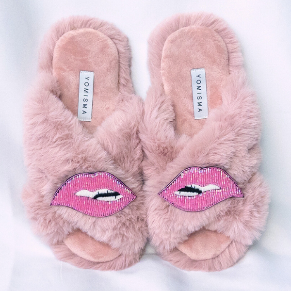 Faux Fur Slippers - Global Recycled Standard Certified with Lips Embellishment